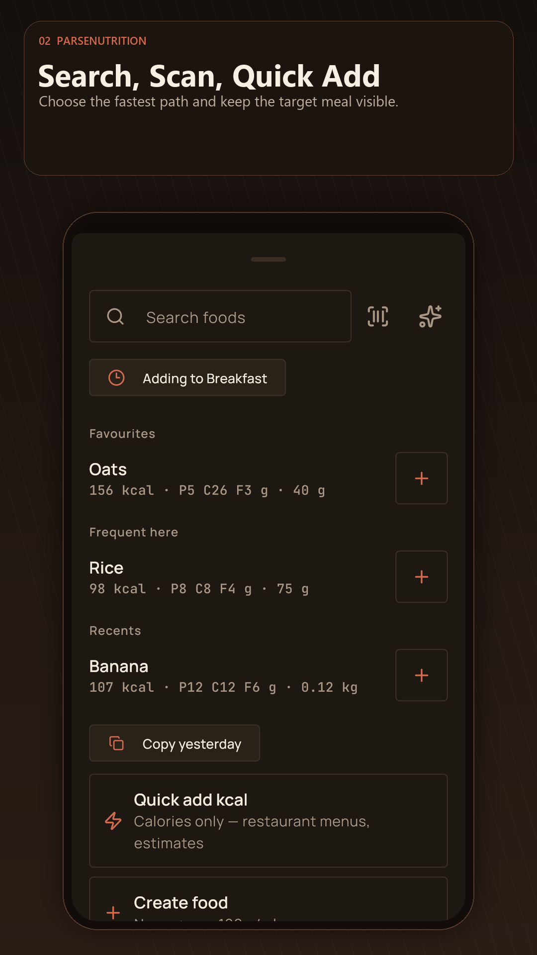 Food search, barcode scan, and quick-add choices
