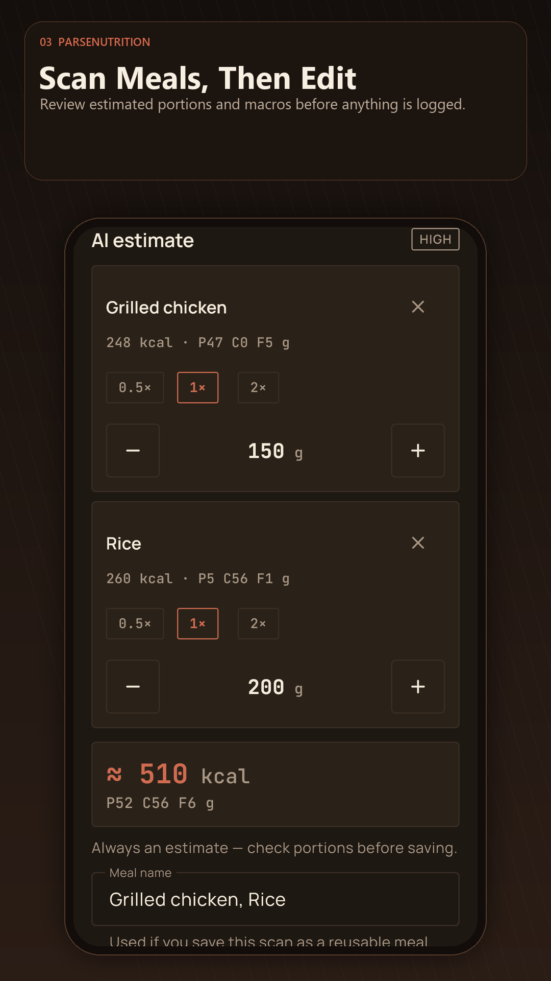 Editable AI meal scan review