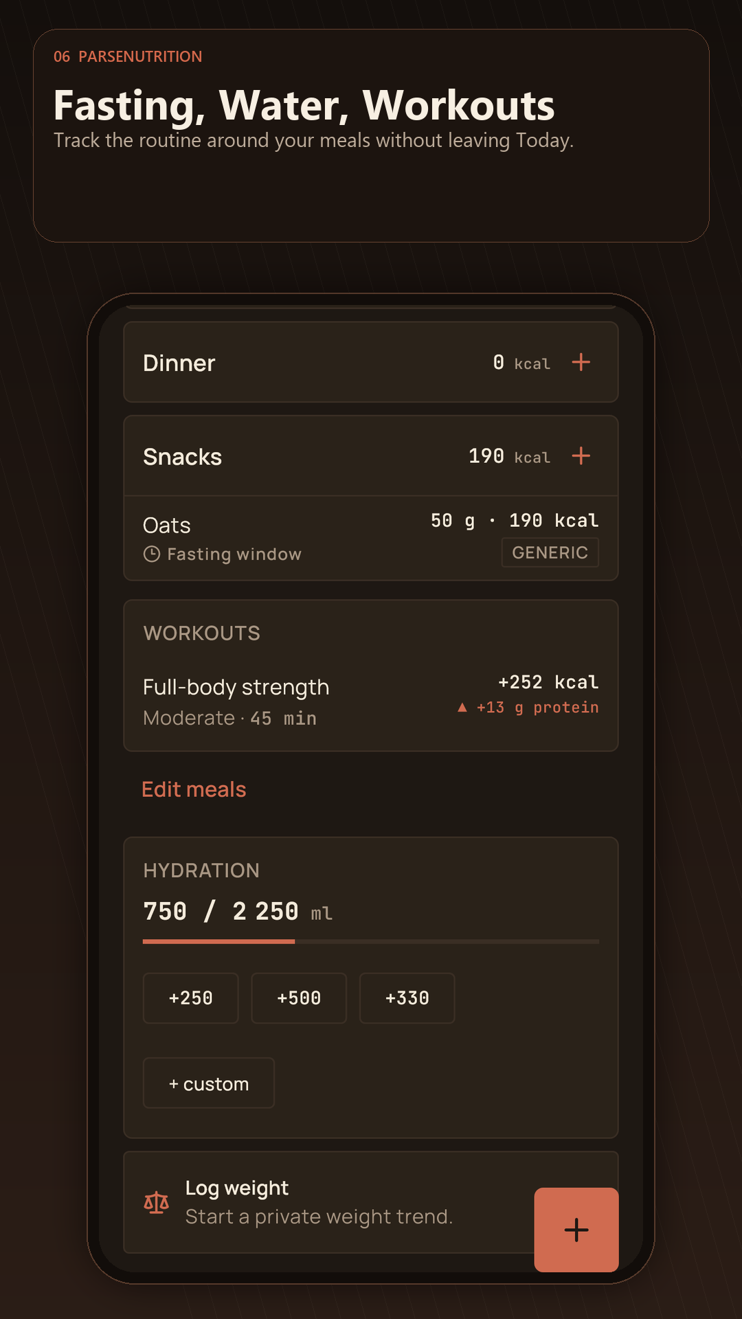 Fasting, water, and workout tracking