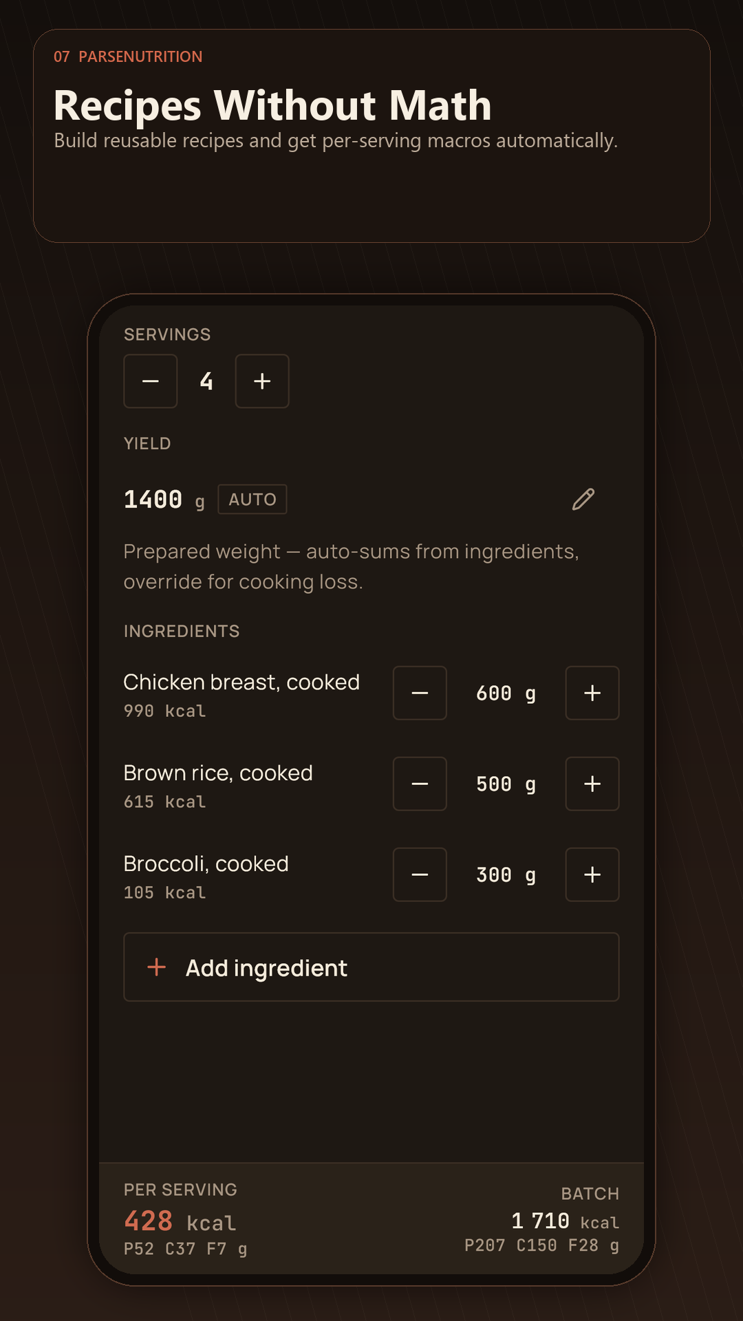 Recipe builder and portion calculation