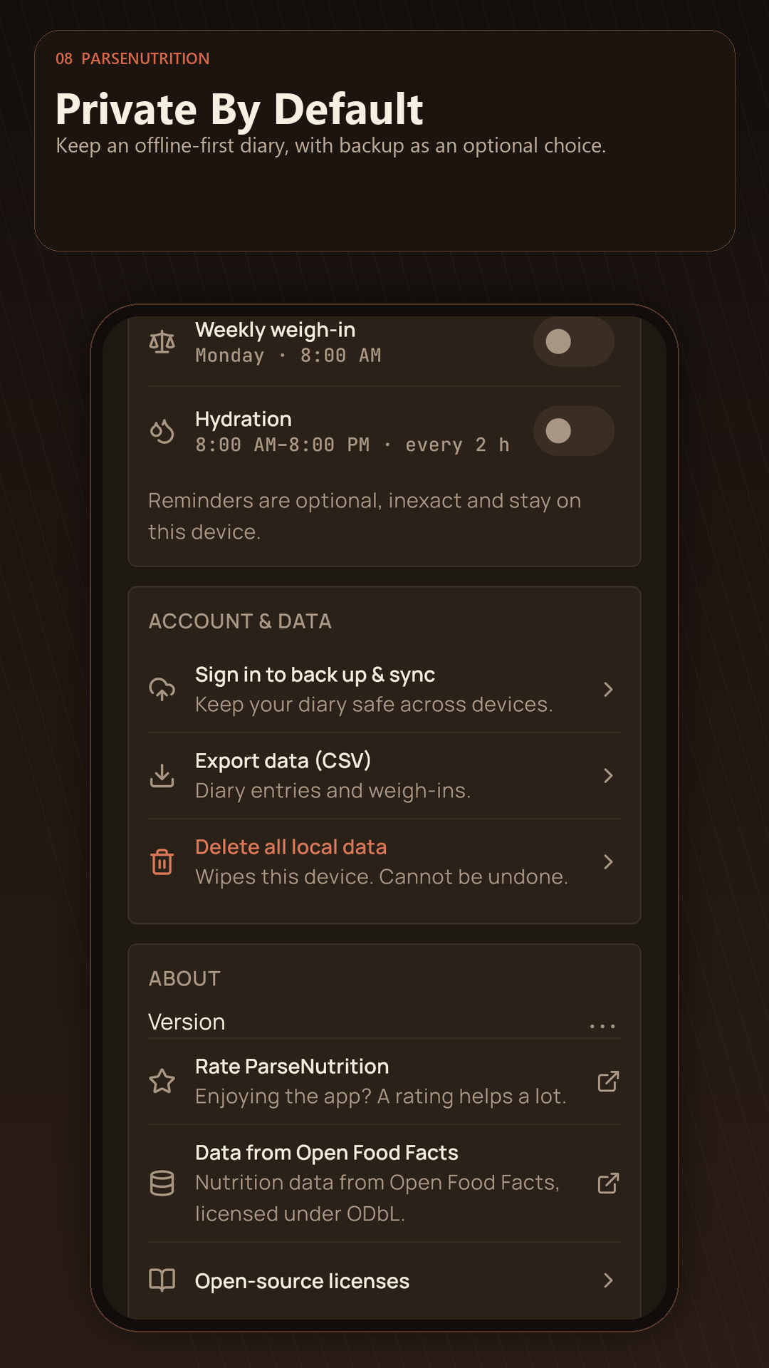 Privacy and optional account backup controls